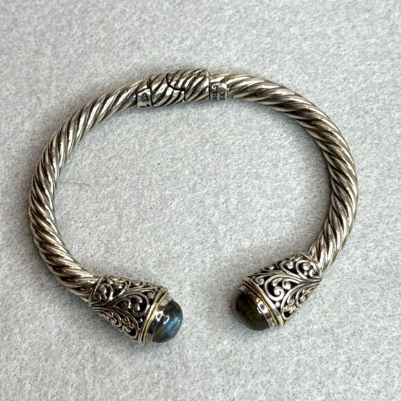 Bali Designs Labradorite Cable Cuff Bracelet 18K Gold Sterling Silver Hinged - Picture 3 of 14